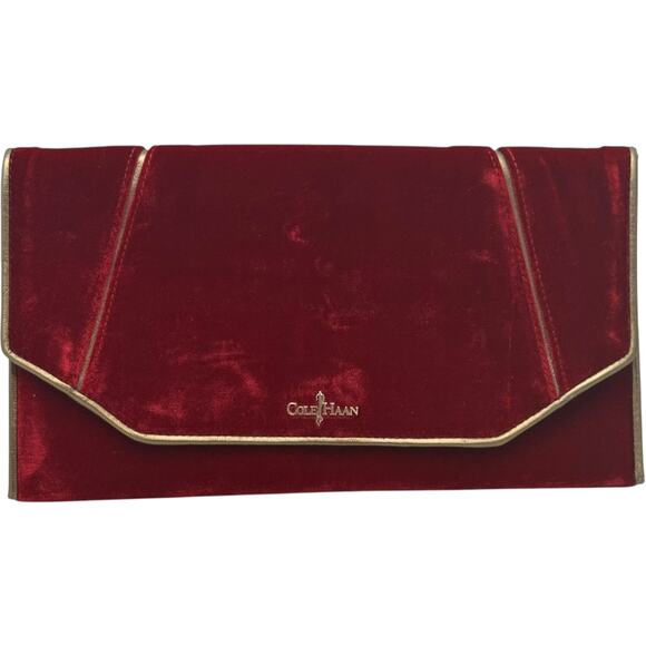 Cole Haan Masquerade Envelope Clutch Velvet Leather Red Gold - Picture 1 of 8